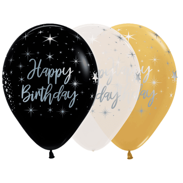 Bio Luftballons 30 cm Happy Birthday Glitzersilber-Schrift schwarz transparent gold