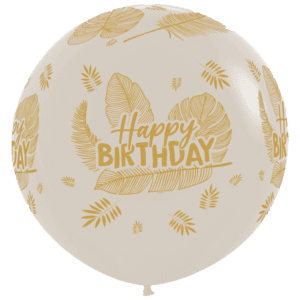 Riesen-Luftballon in der Farbe weißer Sand 60cm mit Happy Birthday und Palmen Blättern in Goldschrift