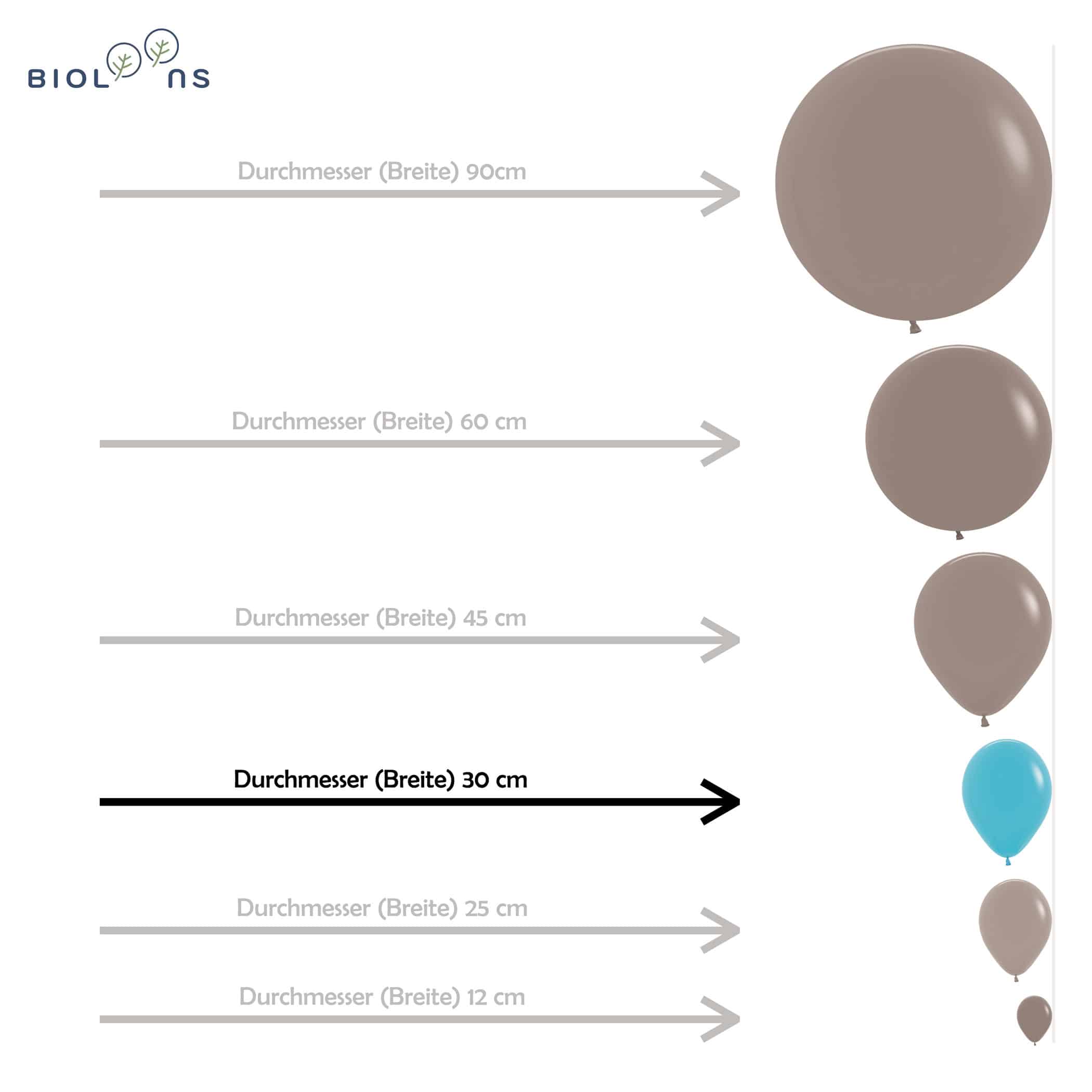 Vergleichsbild Bioloons Luftballon-Größen: R12 (30cm) im Vergleich