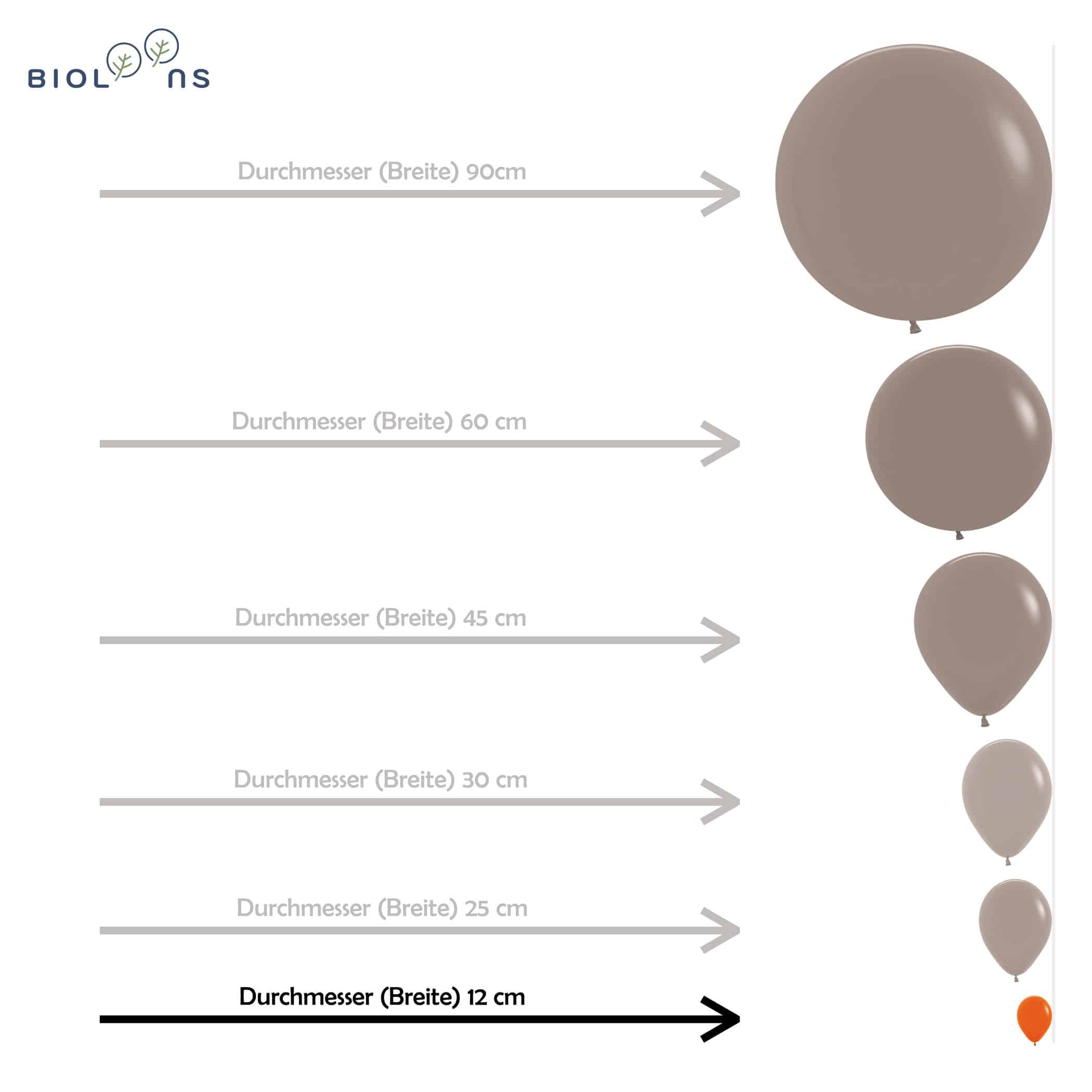 Vergleichsbild Bioloons Luftballon-Größen: R5 (12cm) im Vergleich